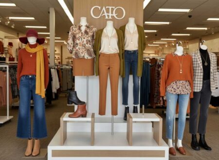 Cato Fashion storefront with window mannequins in dresses.
