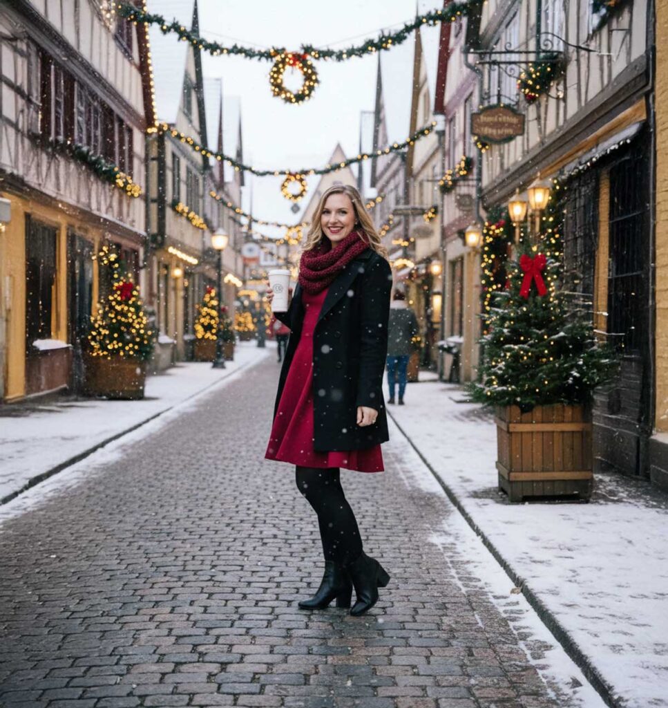 Classic winter styling: red dress with opaque black tights