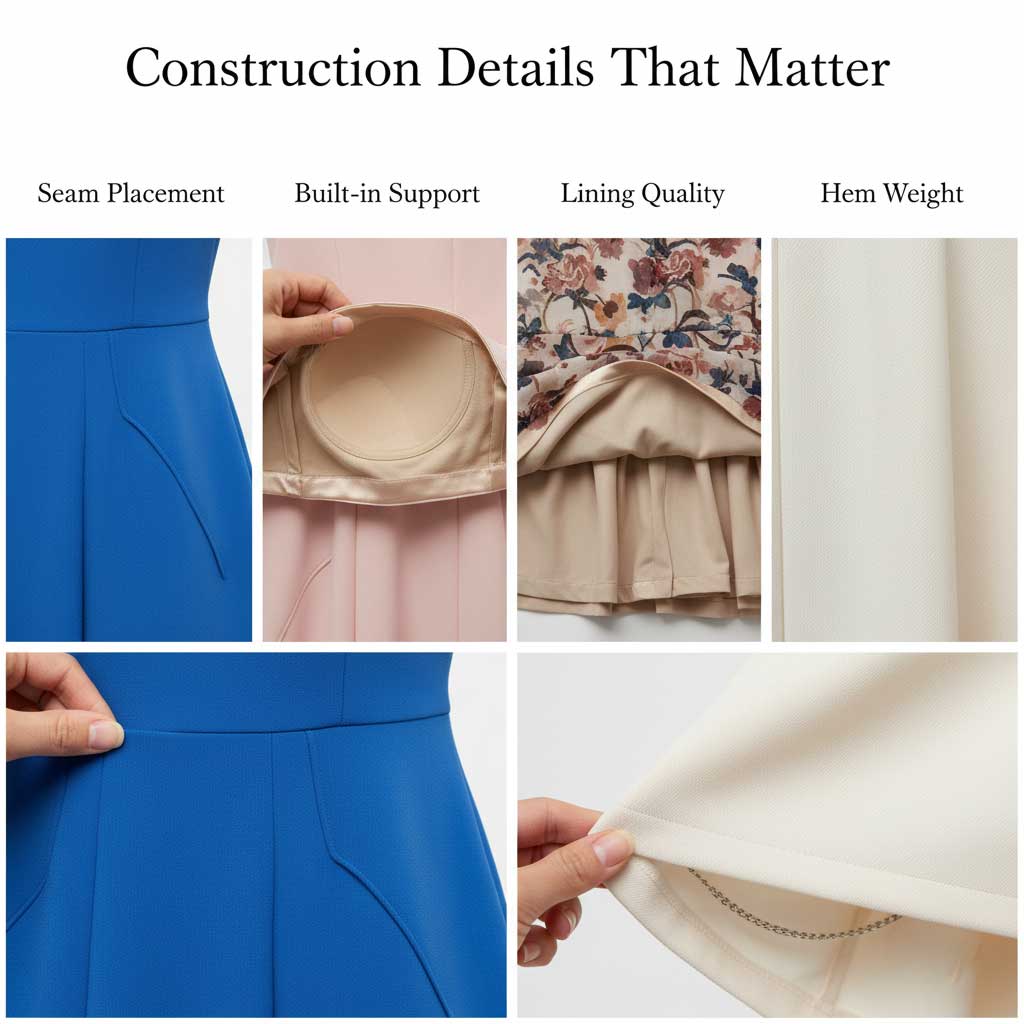 Close up construction details on dresses for apple body type