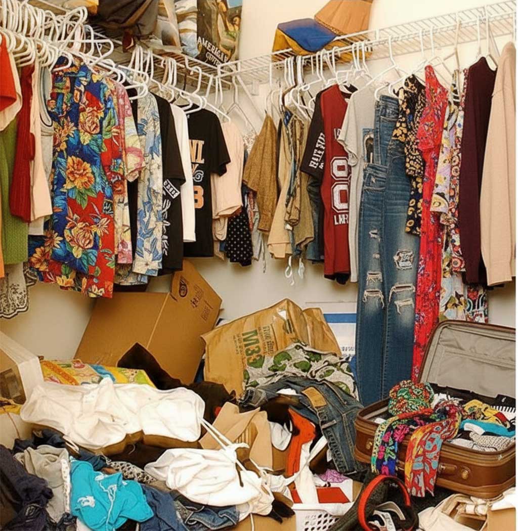 Cluttered closet before capsule wardrobe