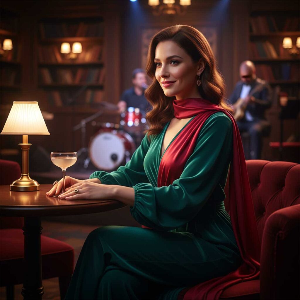 Woman in jewel-toned outfit under warm jazz club lights.