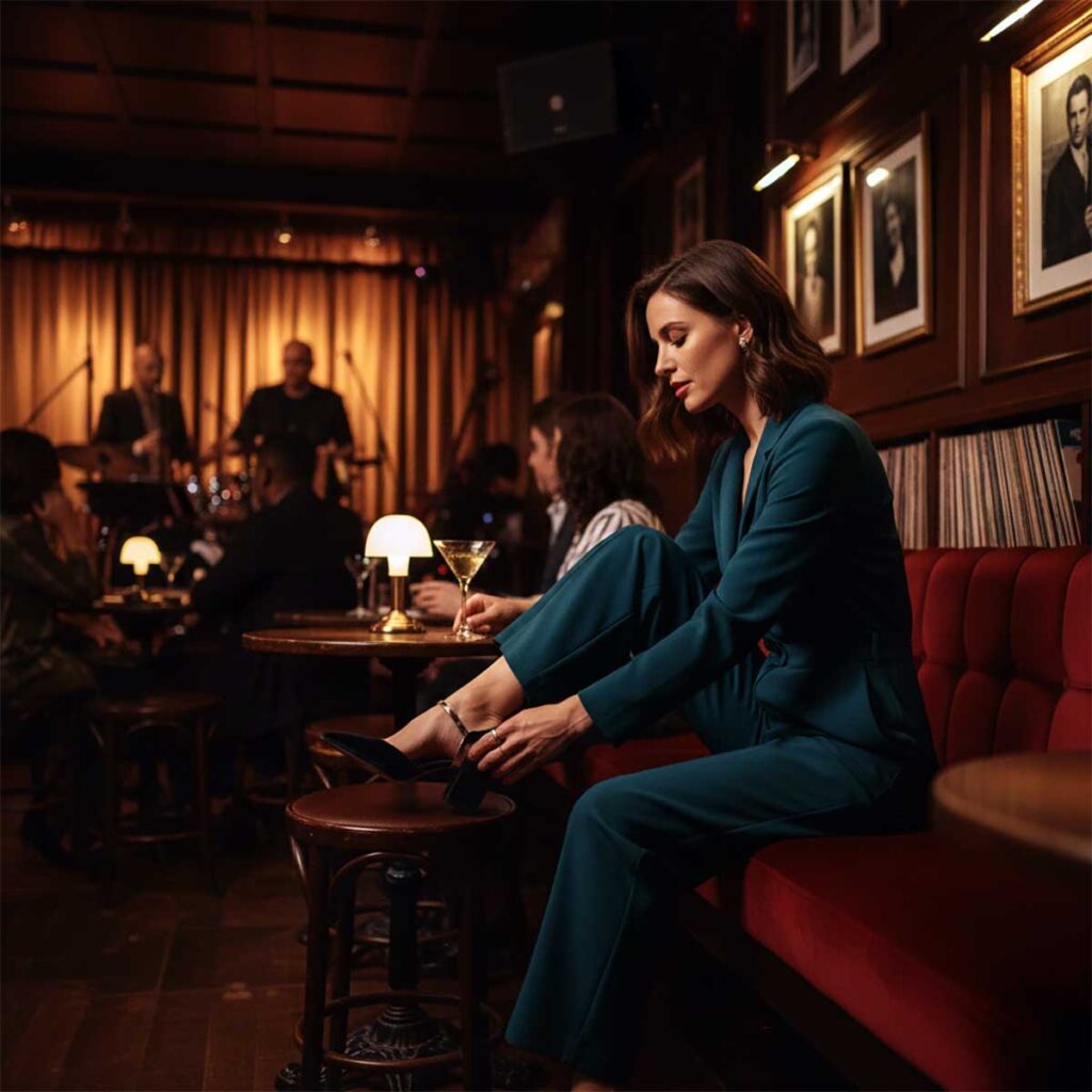 Woman choosing comfortable heels for a jazz club night.