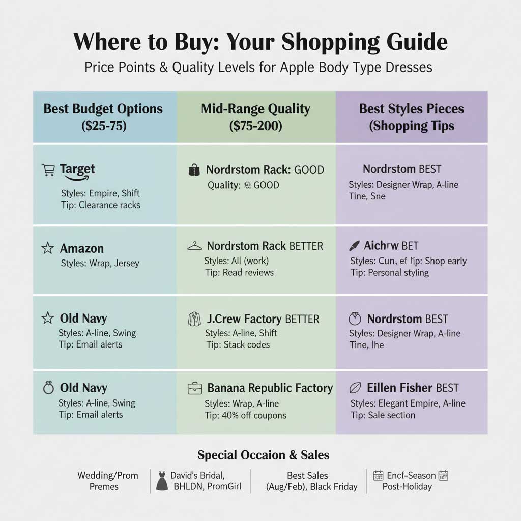 Price and quality comparison chart for retailers selling dresses for apple body type