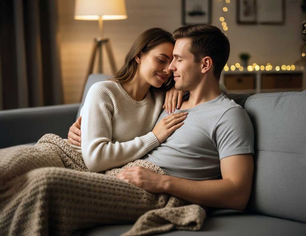 Couple cuddling peacefully with focus on hand placement