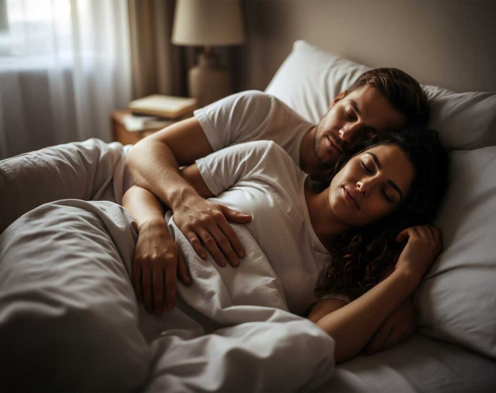 Couple in relaxed spooning position with hand resting on stomach