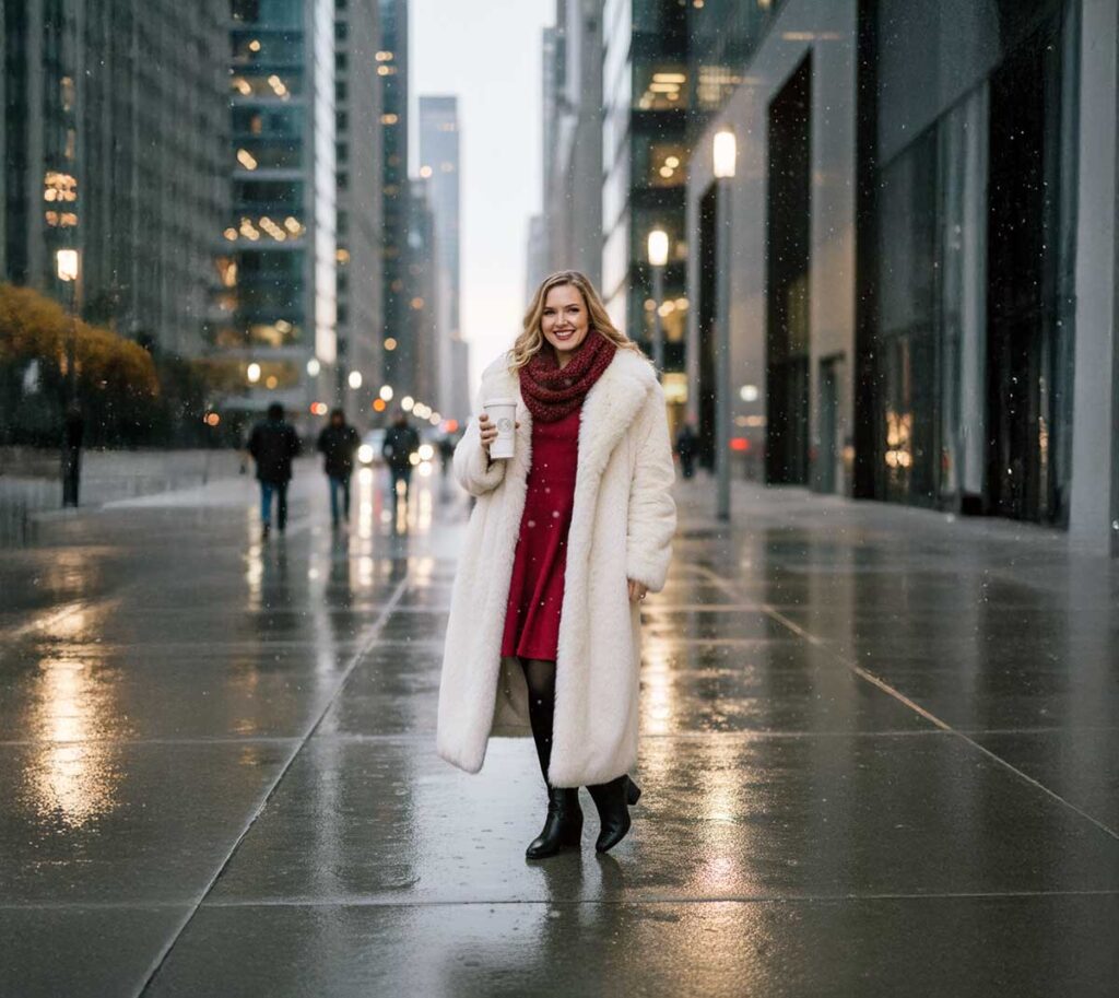 What to wear to a burlesque show in winter: Faux fur coat adds glamour and warmth