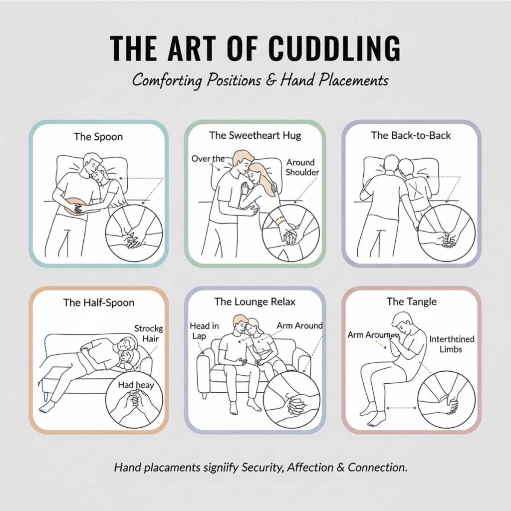 Infographic showing different cuddling positions and hand placements