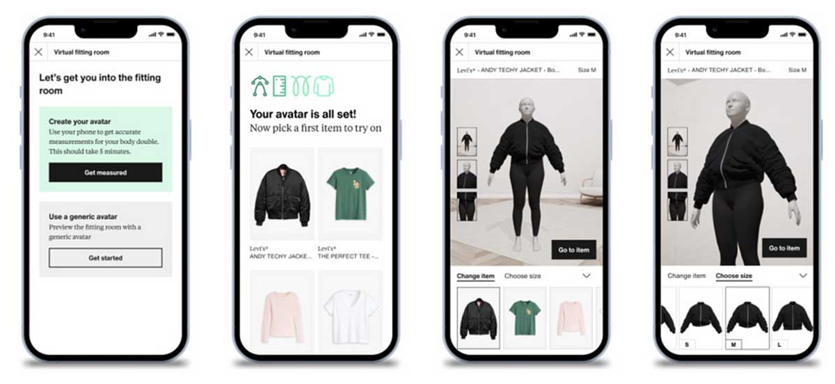 Virtual fitting room app interface showing AI-powered try-on technology