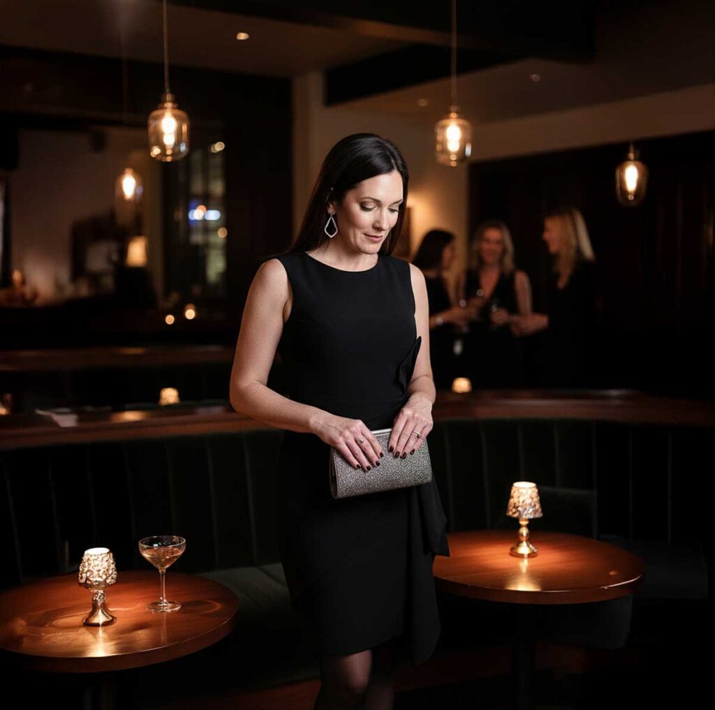 Polished cocktail look with black tights