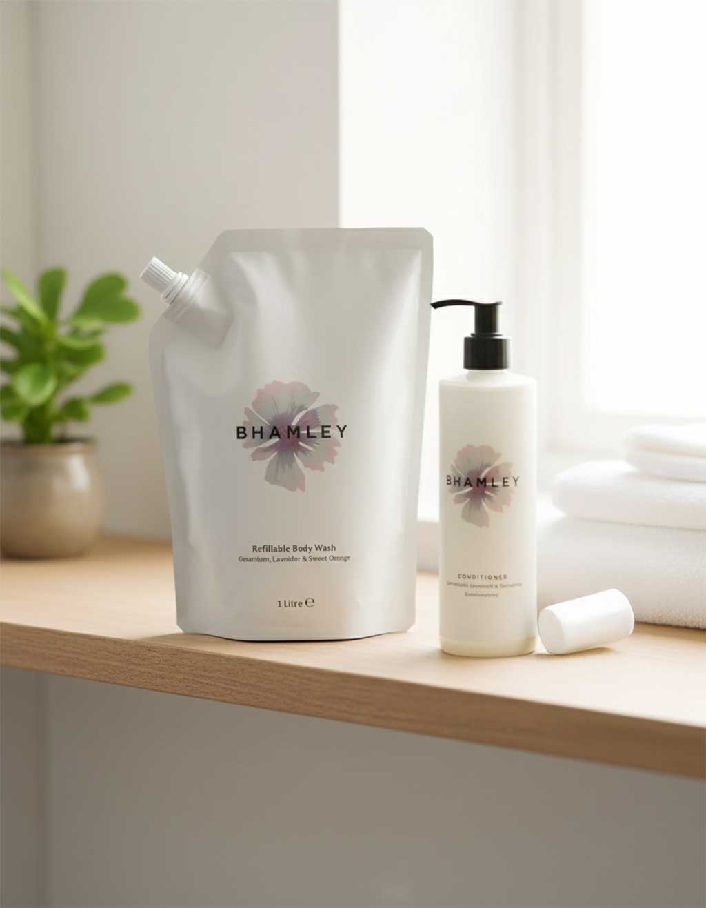 Refillable body wash pouch on a bathroom shelf