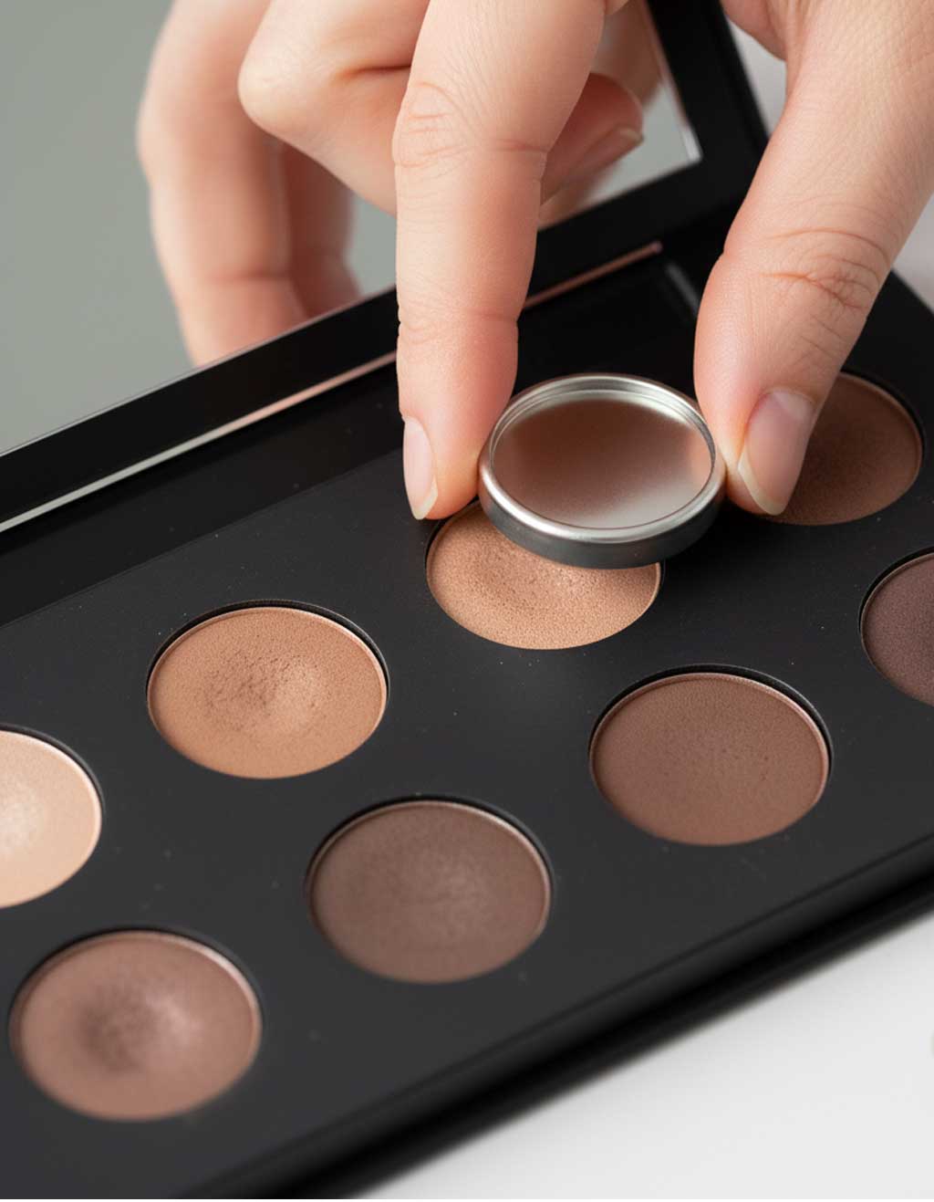 Refillable palette with metal pan snapping into place