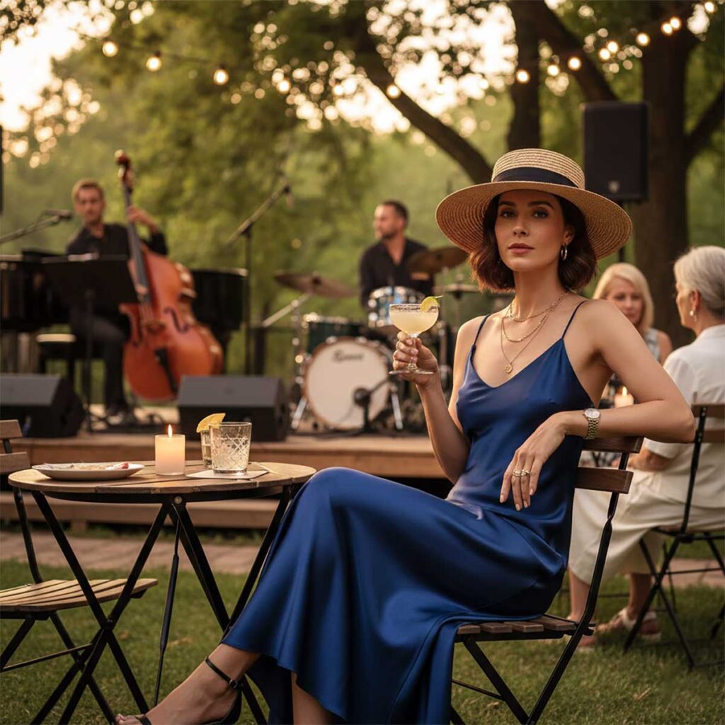 Woman in a summer dress and hat at an outdoor jazz club.