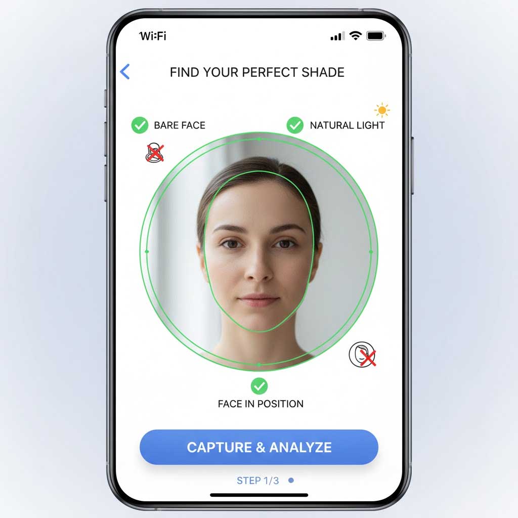 Simulation of a foundation matching app screen showing strict requirements: bare face, natural light, and face position within a circle.