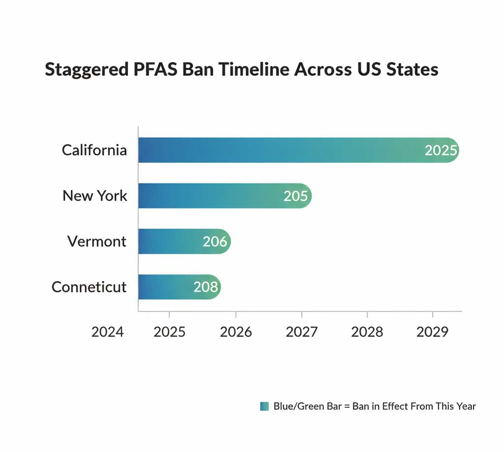 Chart showing the staggered PFAS ban timeline across US states including California (2025), New York (2025), Vermont (2026), and Connecticut (2028).