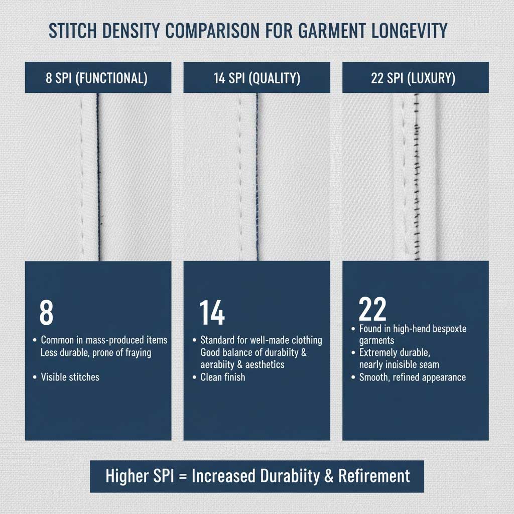 Chart showing stitch density comparison: 8 SPI (functional) vs 14 SPI (quality) vs 22 SPI (luxury).