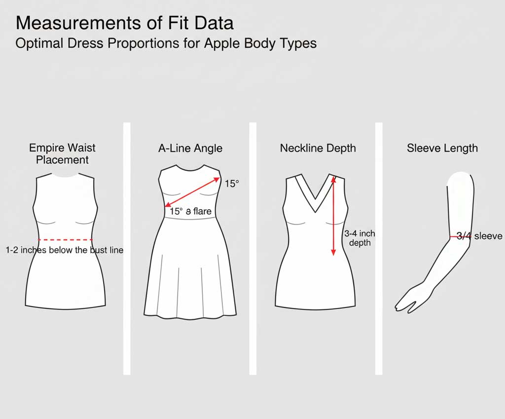 Technical diagrams of optimal dress proportions for apple body type