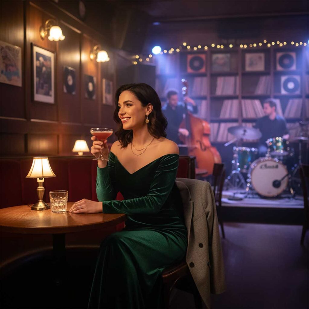 Woman dressed for a jazz club date enjoying live music.