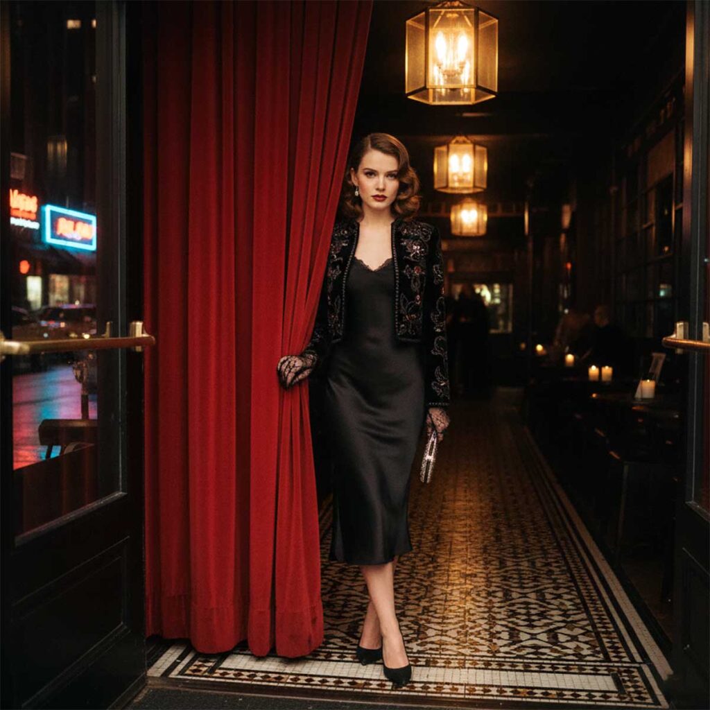Woman in a black satin dress and embellished jacket stepping through red velvet curtains into a dimly lit speakeasy with vintage tile flooring and warm lantern light.