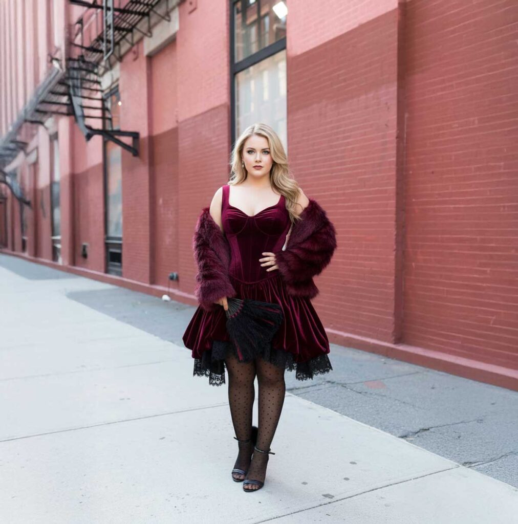 Velvet dress with faux fur - perfect winter burlesque aesthetic