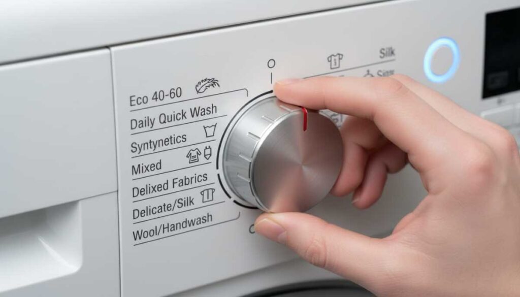 Front load washer panel with start, pause, door lock, spin, eco, and child lock lights illuminated
