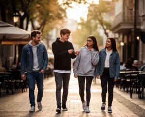 Why Do Guys Touch Your Hoodie Strings? A Flirty Move Decoded Young man playfully tugging a woman’s hoodie strings as four friends walk down a sunny city street.