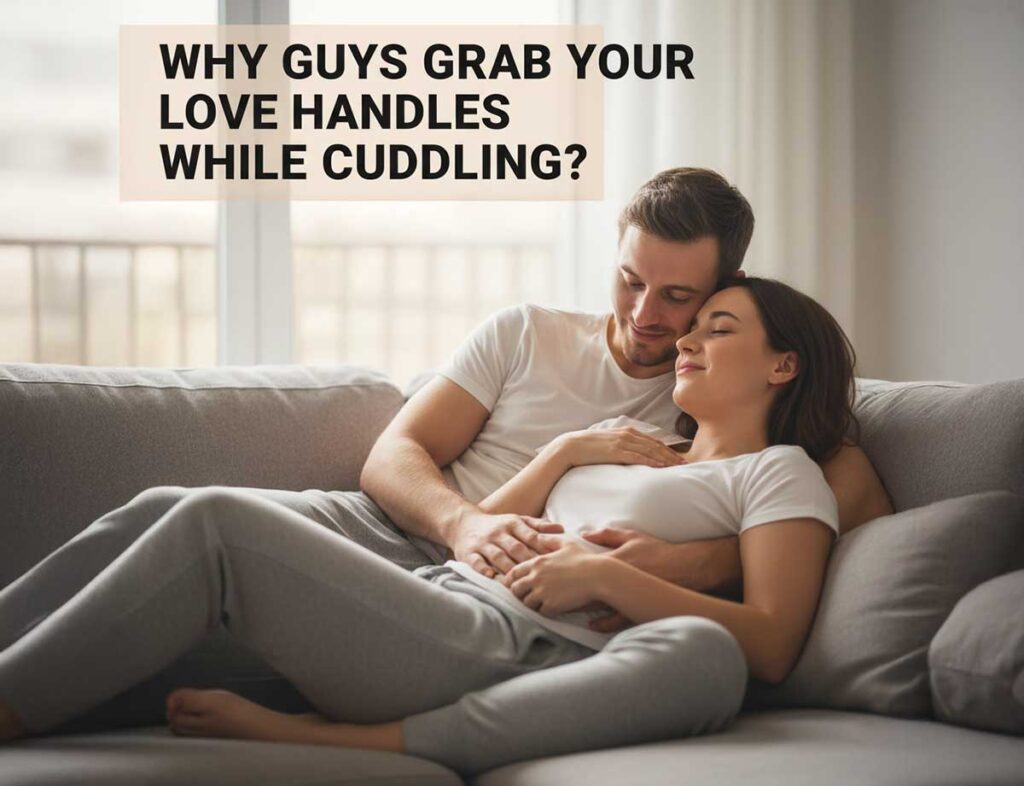 Why Do Guys Grab Love Handles While Cuddling? The Surprising Truth Behind This Intimate Gesture Couple cuddling on a couch, man holding his partner’s waist, with overlay text reading “Why guys grab your love handles while cuddling?”.