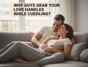 Why Do Guys Grab Love Handles While Cuddling? The Surprising Truth Behind This Intimate Gesture Couple cuddling on a couch, man holding his partner’s waist, with overlay text reading “Why guys grab your love handles while cuddling?”.