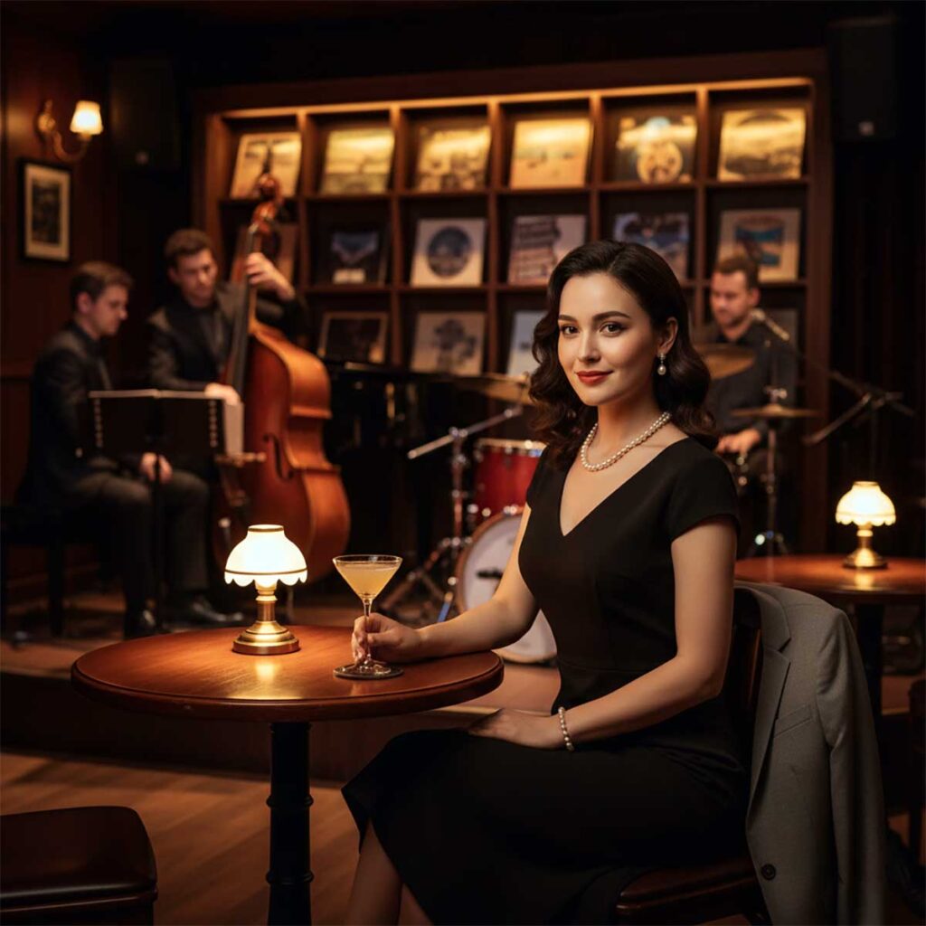 Woman in a black dress at a jazz club with vintage jewelry.