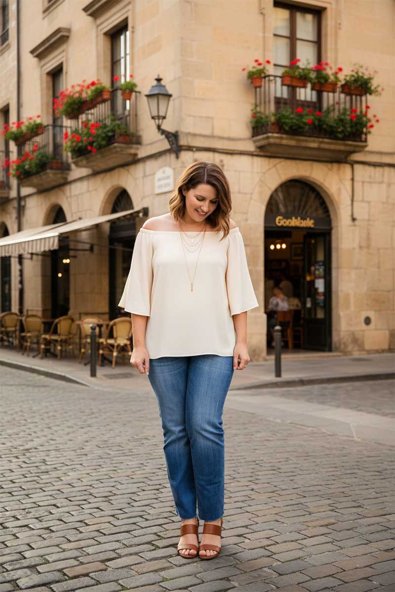 Real woman wearing jeans demonstrating perfect fit for pear shape