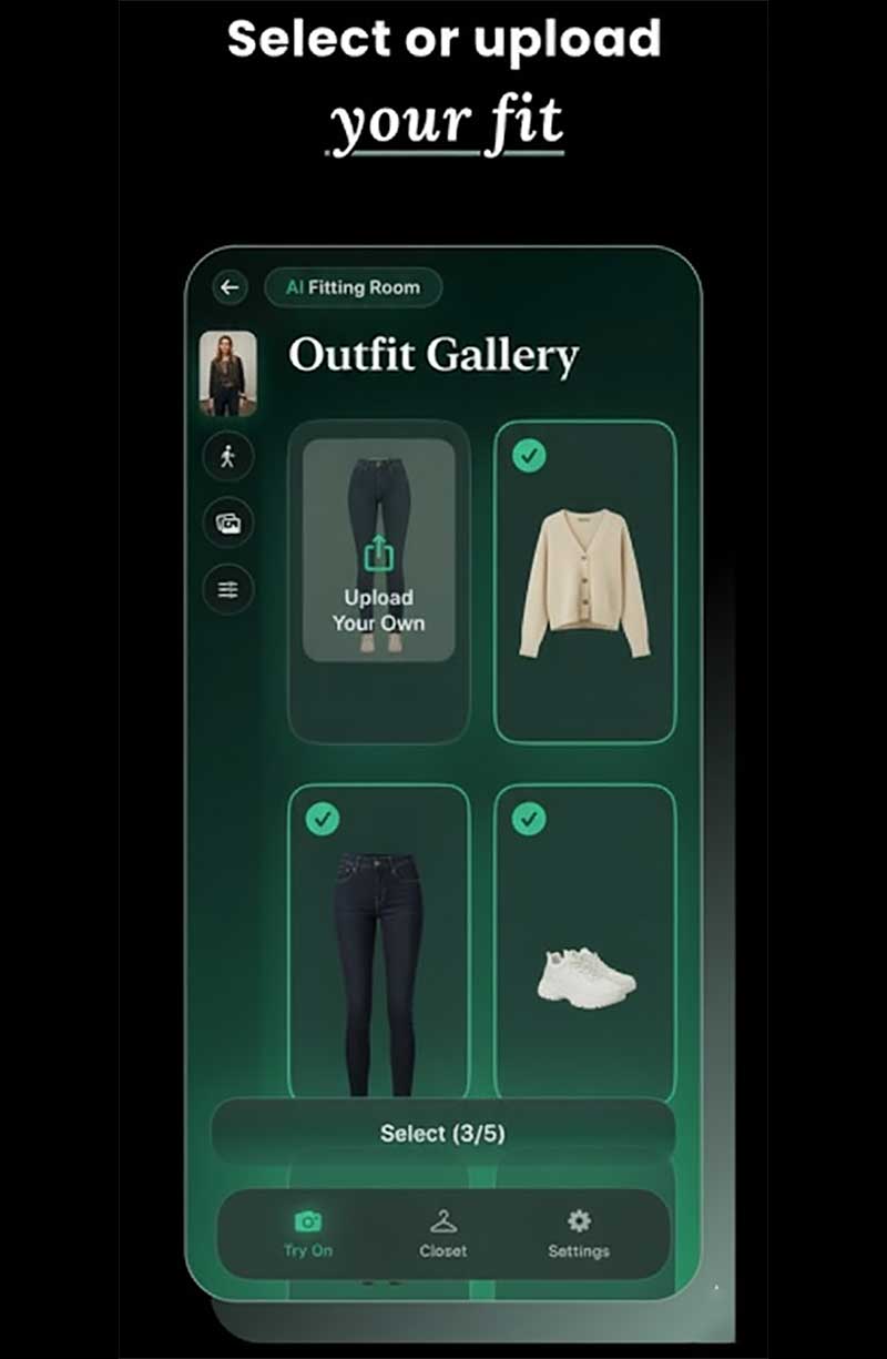 Virtual fitting room app interface showing body measurement process