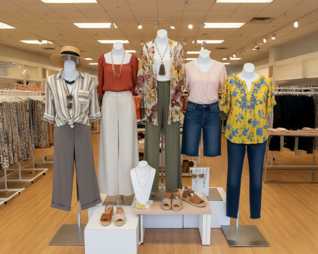 Cato Fashion storefront with window mannequins in dresses