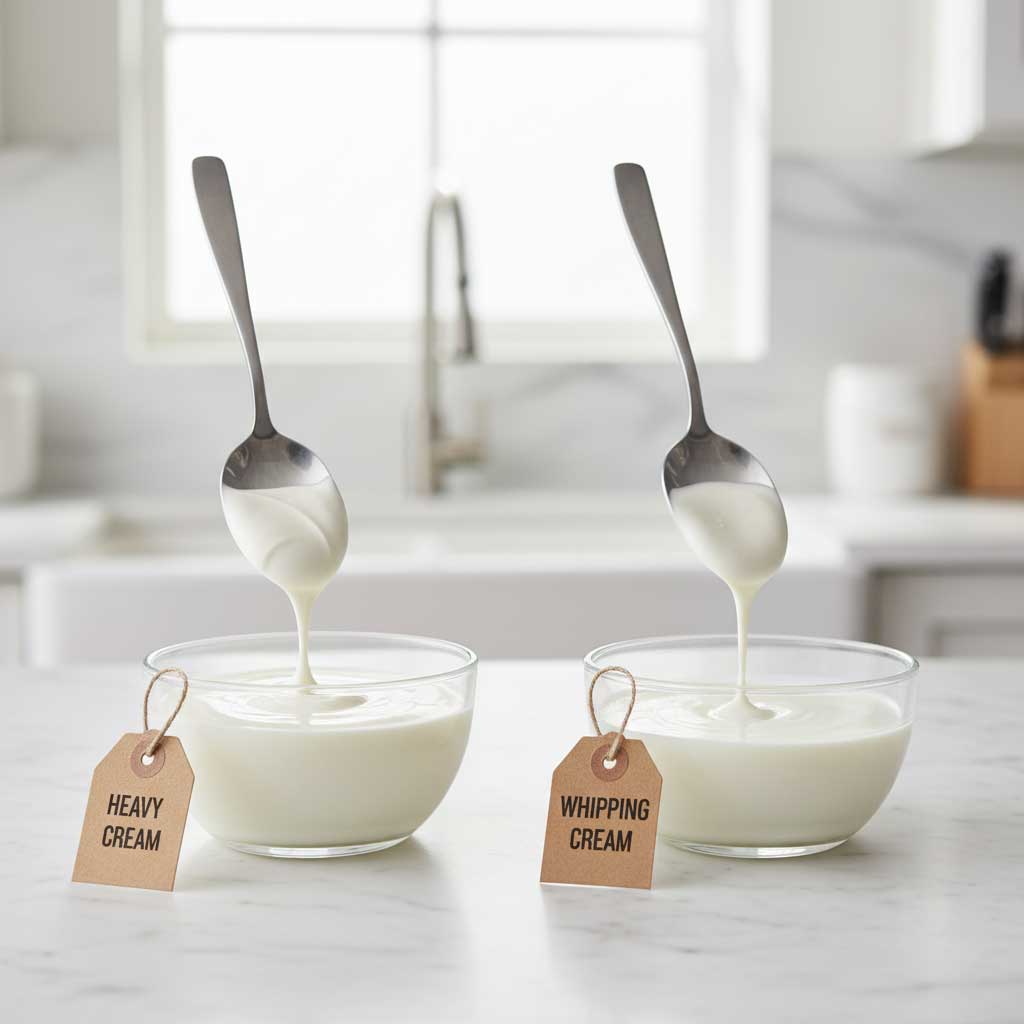 Side-by-side comparison of whipped peaks from heavy cream versus whipping cream