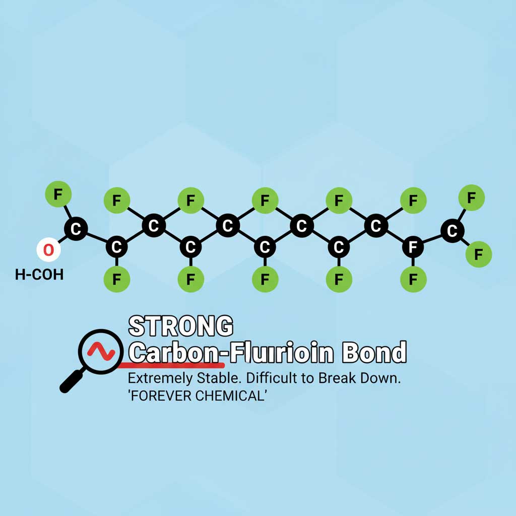 Image of a simplified PFAS molecule structure showing the strong carbon-fluorine bond, explaining why they are called forever chemicals.